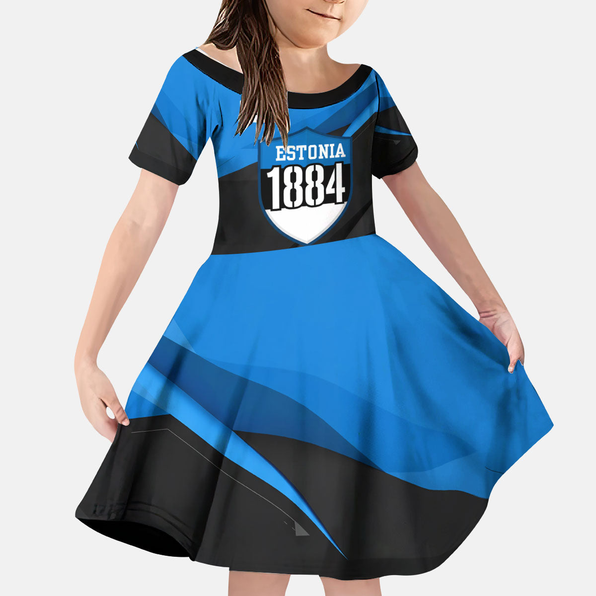 Estonia Flag 1884 Freedom Kid Short Sleeve Dress Geometric Lion Crest National Pride