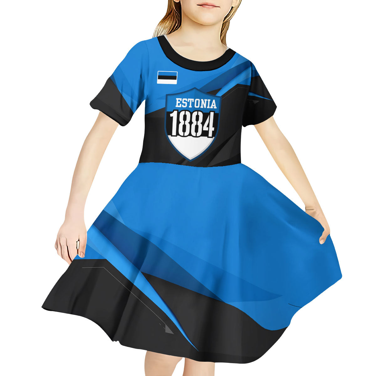 Estonia Flag 1884 Freedom Kid Short Sleeve Dress Geometric Lion Crest National Pride