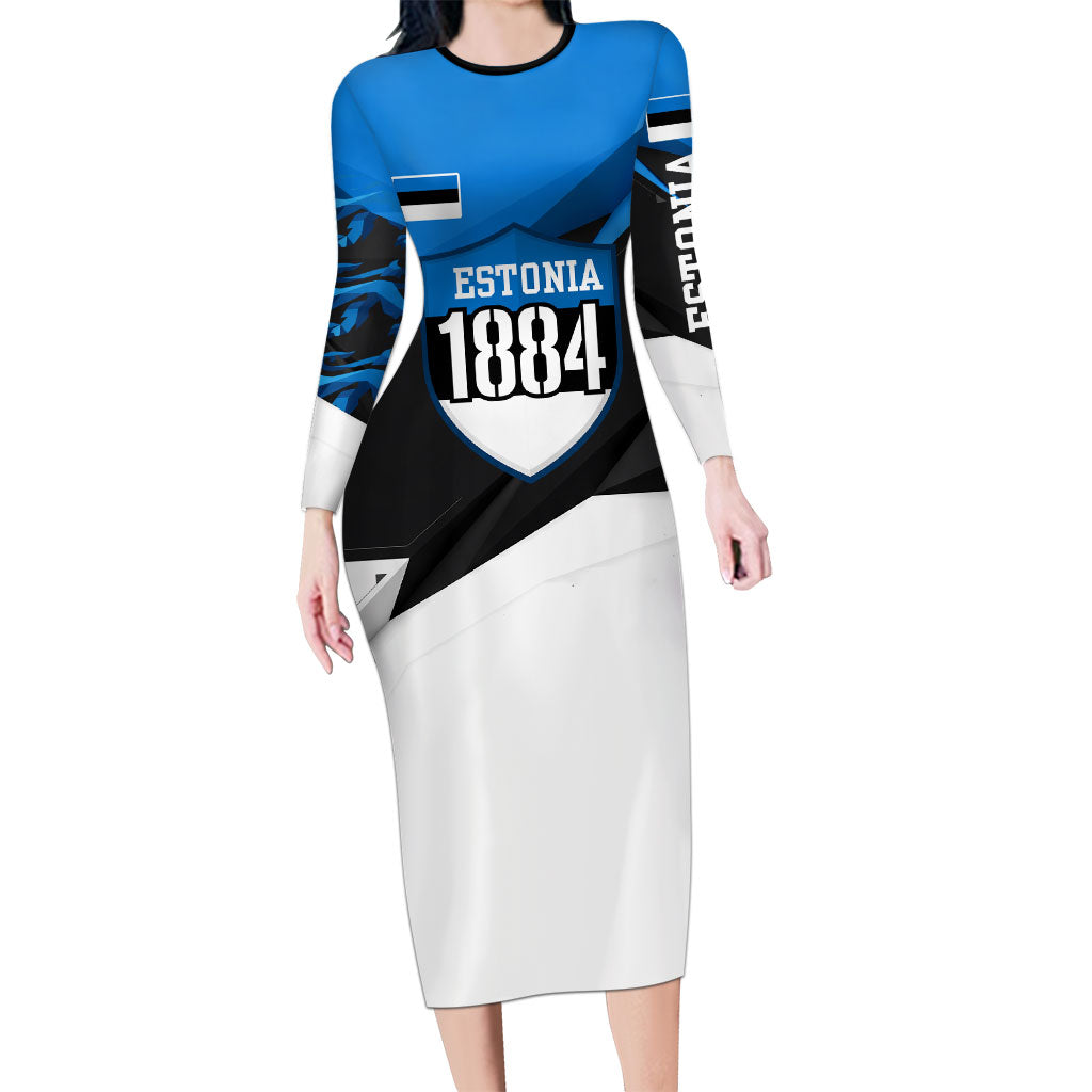 Estonia Flag 1884 Freedom Long Sleeve Bodycon Dress Geometric Lion Crest National Pride
