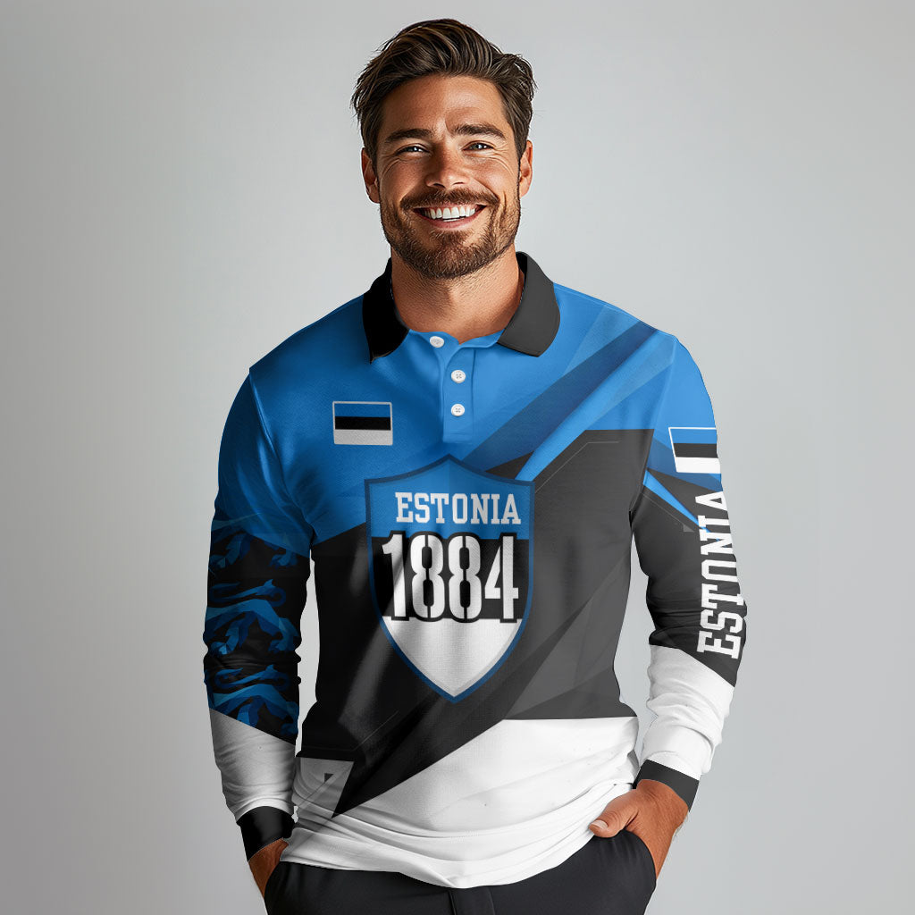 Estonia Flag 1884 Freedom Long Sleeve Polo Shirt Geometric Lion Crest National Pride