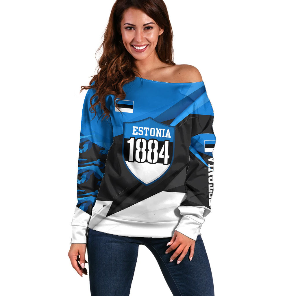 Estonia Flag 1884 Freedom Off Shoulder Sweater Geometric Lion Crest National Pride
