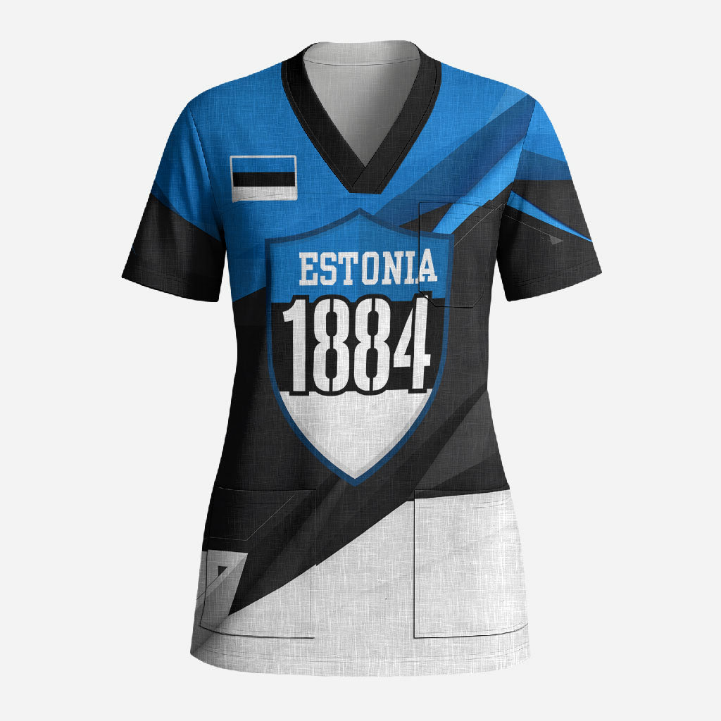 Estonia Flag 1884 Freedom Scrub Top Geometric Lion Crest National Pride