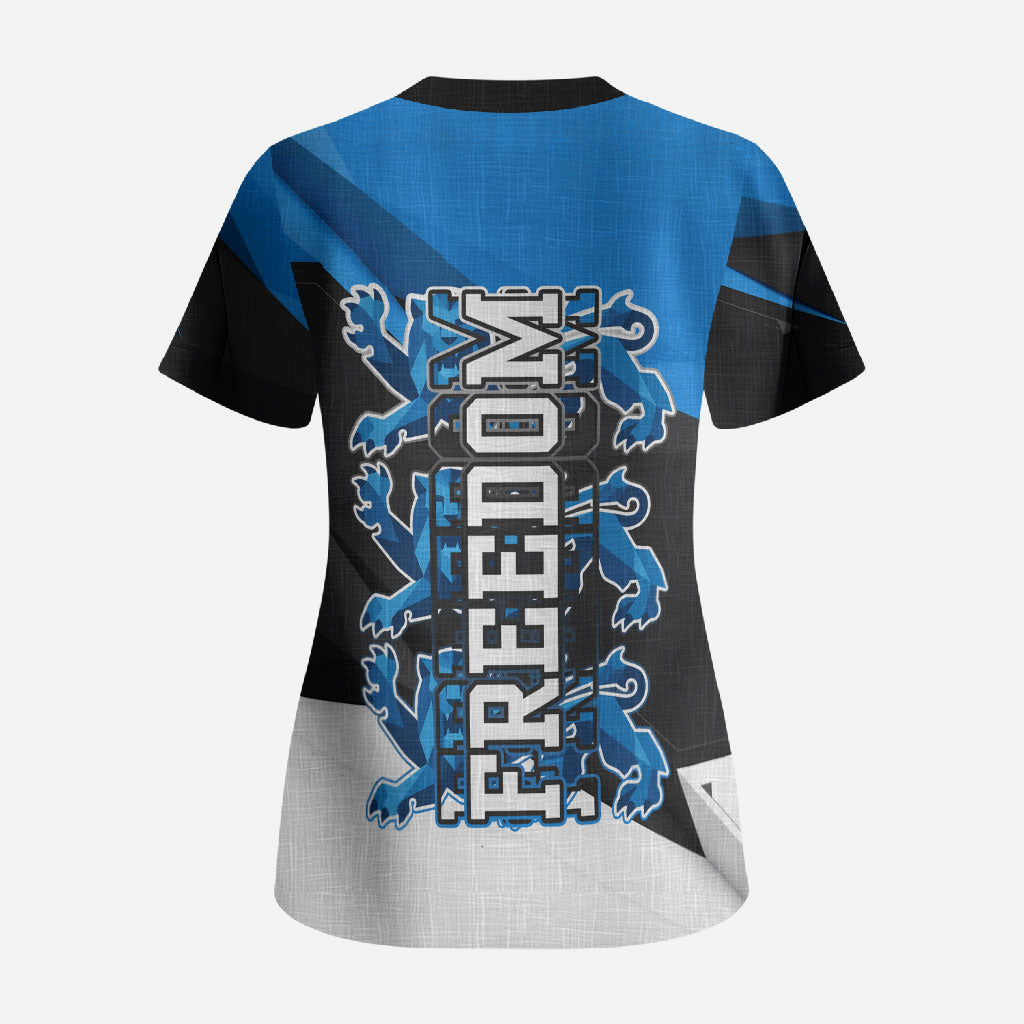 Estonia Flag 1884 Freedom Scrub Top Geometric Lion Crest National Pride
