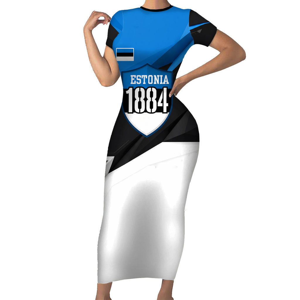 Estonia Flag 1884 Freedom Short Sleeve Bodycon Dress Geometric Lion Crest National Pride