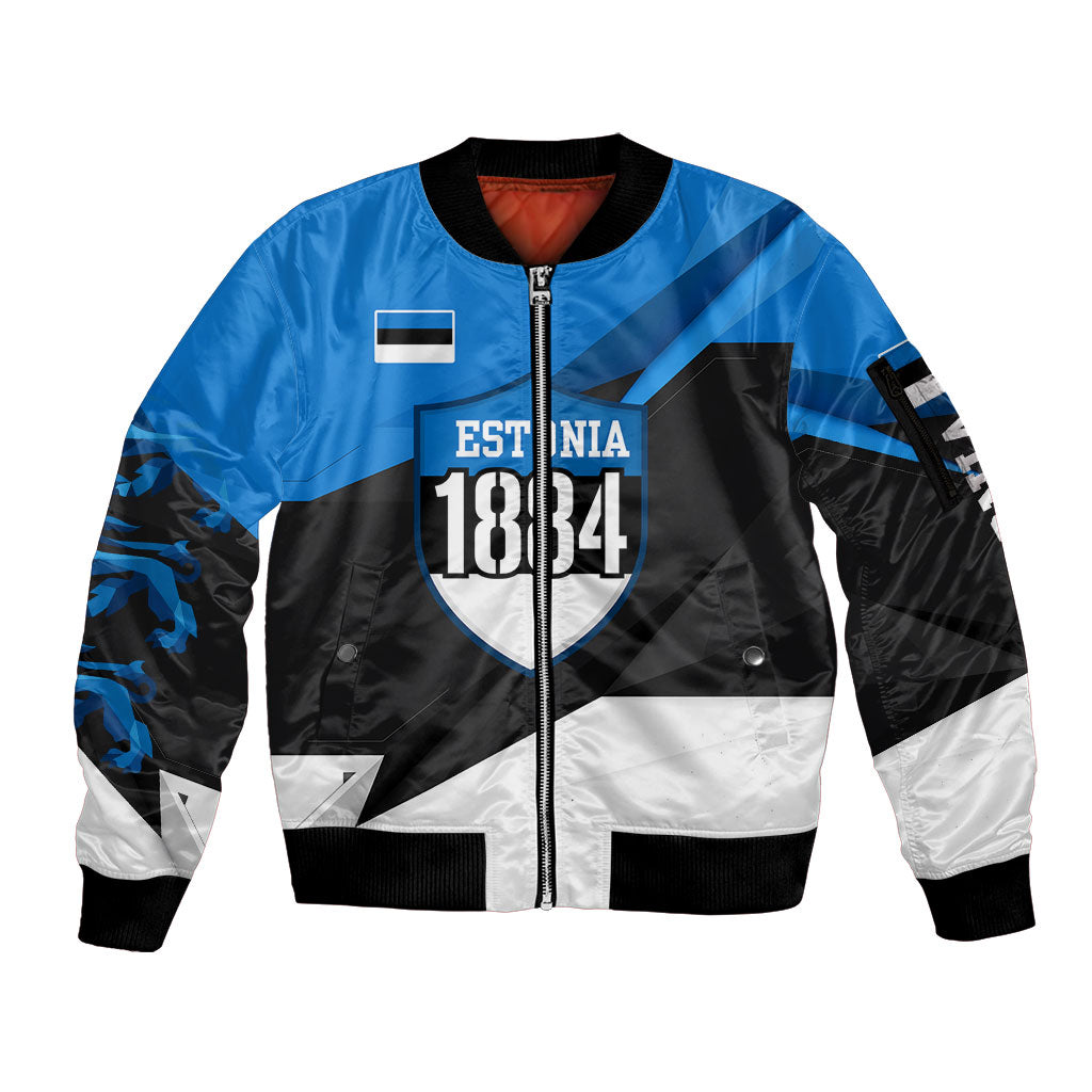Estonia Flag 1884 Freedom Sleeve Zip Bomber Jacket Geometric Lion Crest National Pride