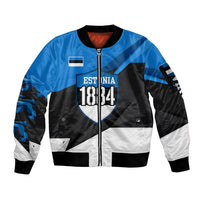 Estonia Flag 1884 Freedom Sleeve Zip Bomber Jacket Geometric Lion Crest National Pride