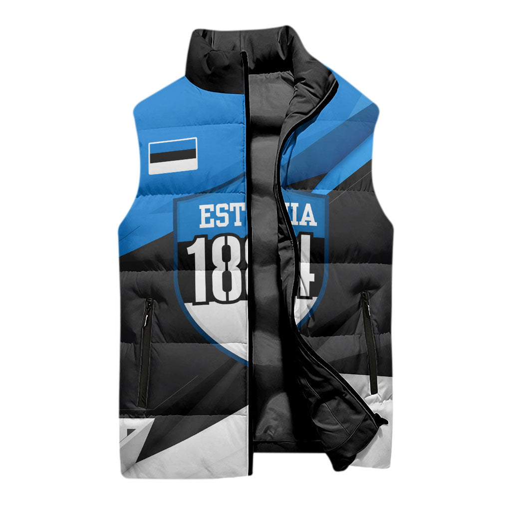 Estonia Flag 1884 Freedom Sleeveless Puffer Jacket Geometric Lion Crest National Pride