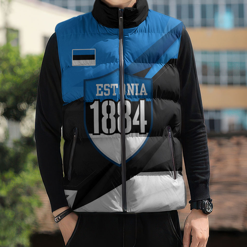 Estonia Flag 1884 Freedom Sleeveless Puffer Jacket Geometric Lion Crest National Pride