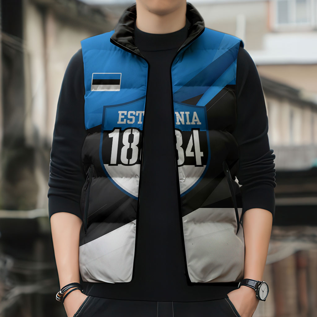 Estonia Flag 1884 Freedom Sleeveless Puffer Jacket Geometric Lion Crest National Pride