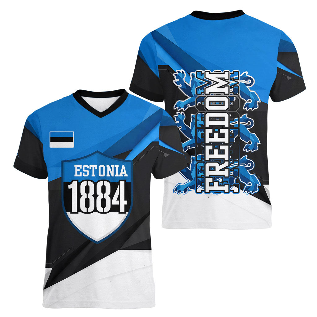 Estonia Flag 1884 Freedom Women V-Neck T-Shirt Geometric Lion Crest National Pride