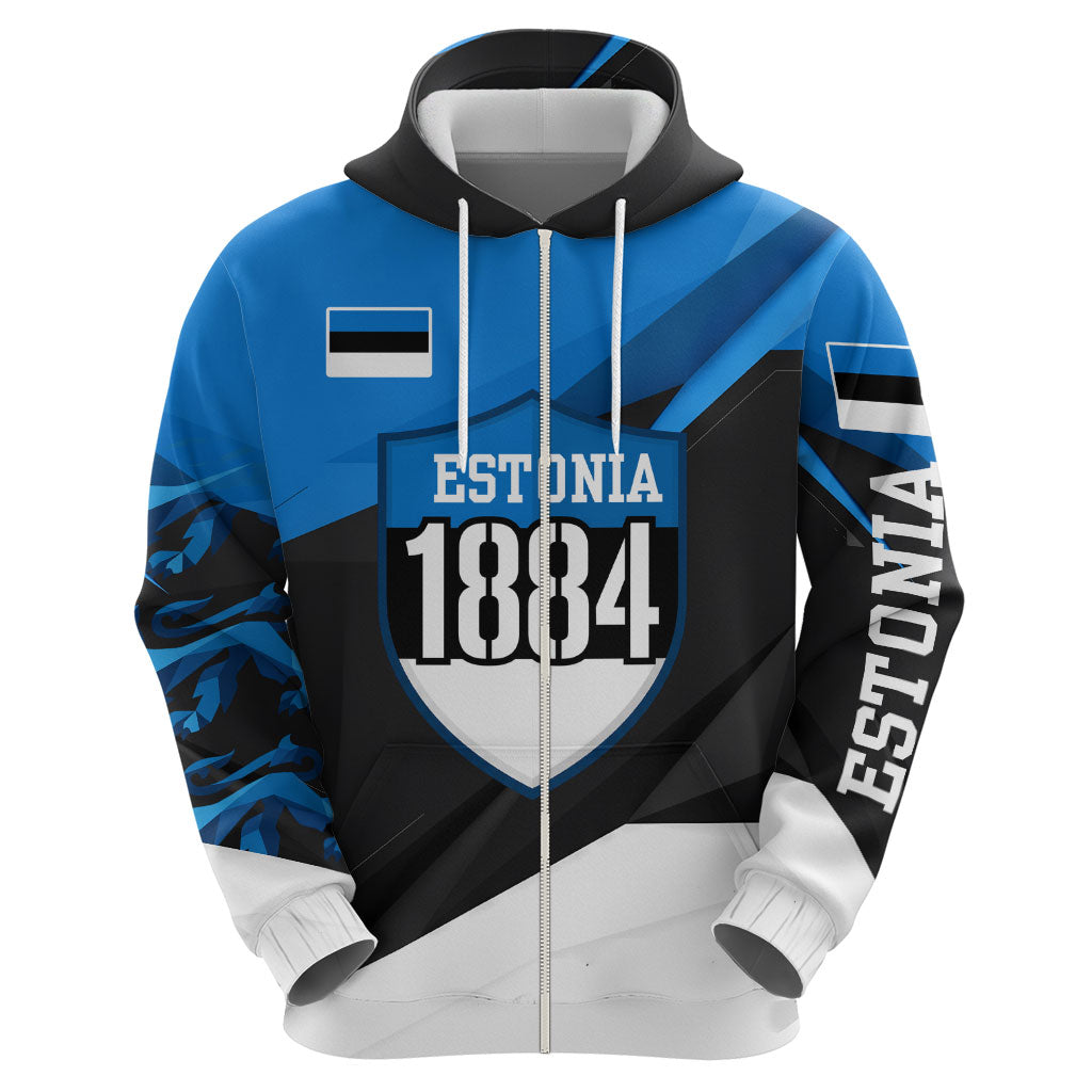 Estonia Flag 1884 Freedom Zip Hoodie Geometric Lion Crest National Pride