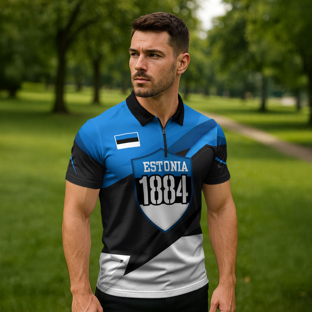 Estonia Flag 1884 Freedom Zipper Polo Shirt Geometric Lion Crest National Pride