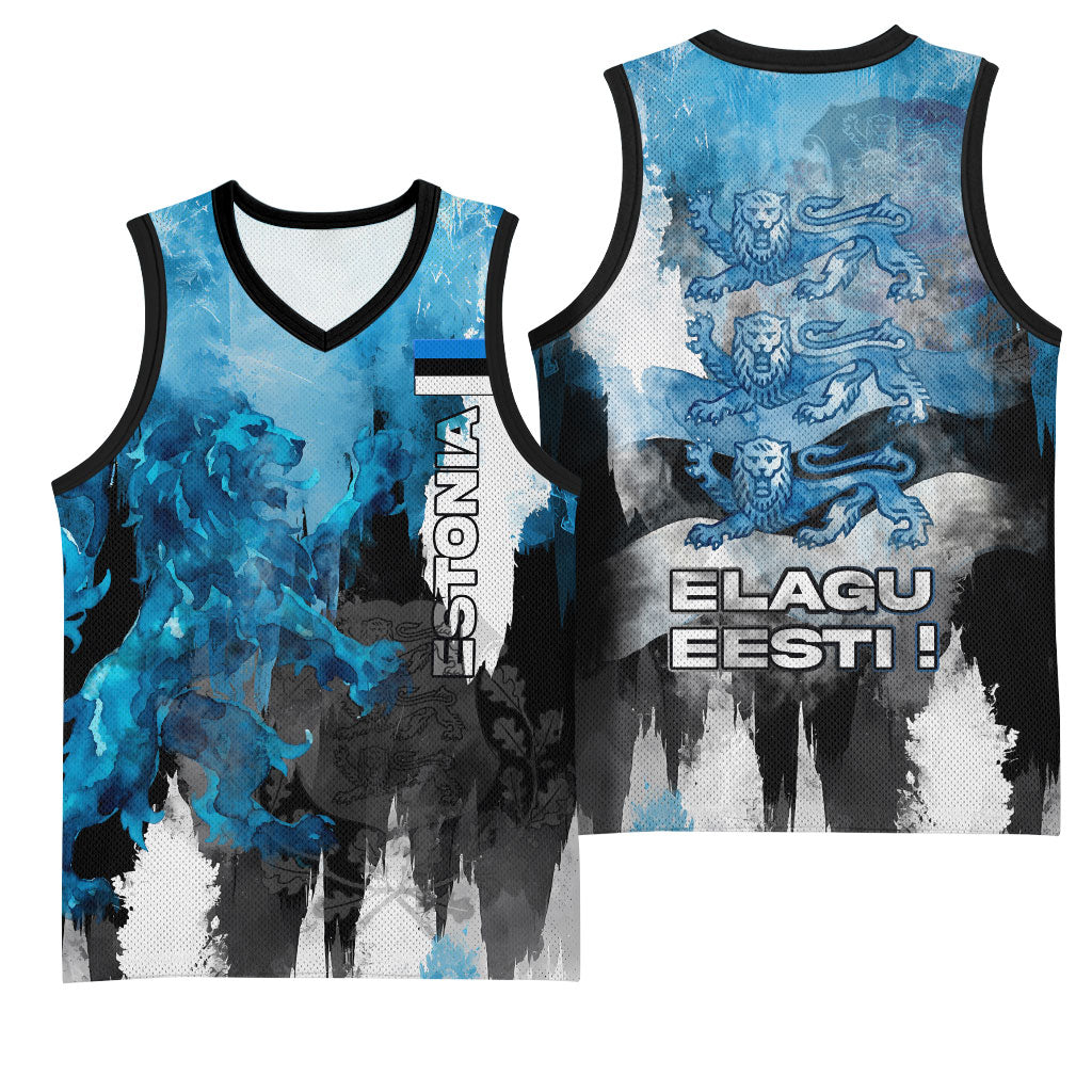 Estonia Elagu Eesti Lions Basketball Jersey Watercolor Splash Flag Heraldic
