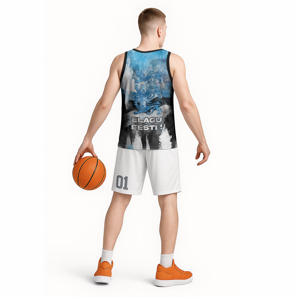 Estonia Elagu Eesti Lions Basketball Jersey Watercolor Splash Flag Heraldic
