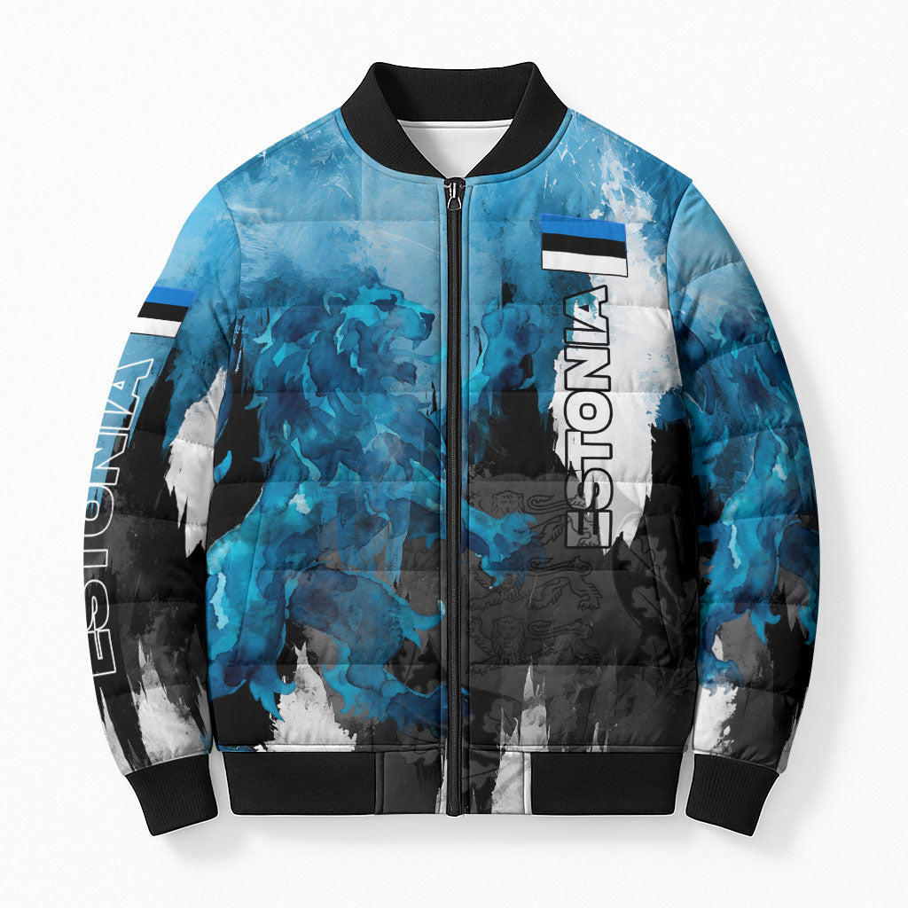 Estonia Elagu Eesti Lions Bomber Puffer Jacket Watercolor Splash Flag Heraldic