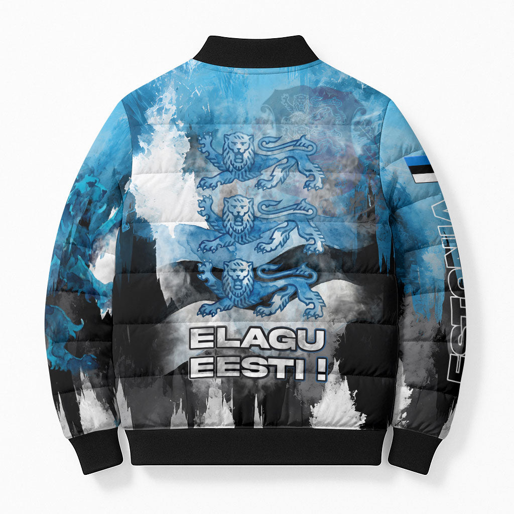 Estonia Elagu Eesti Lions Bomber Puffer Jacket Watercolor Splash Flag Heraldic