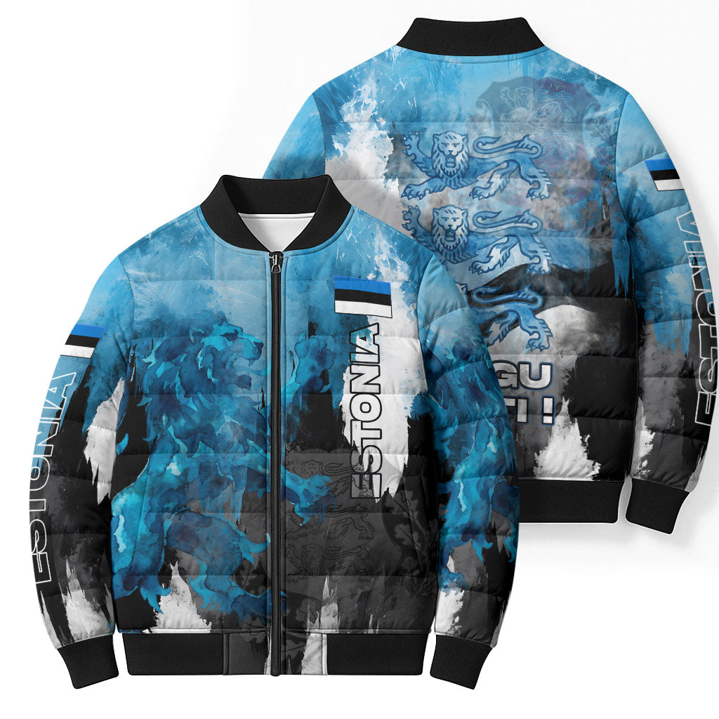 Estonia Elagu Eesti Lions Bomber Puffer Jacket Watercolor Splash Flag Heraldic