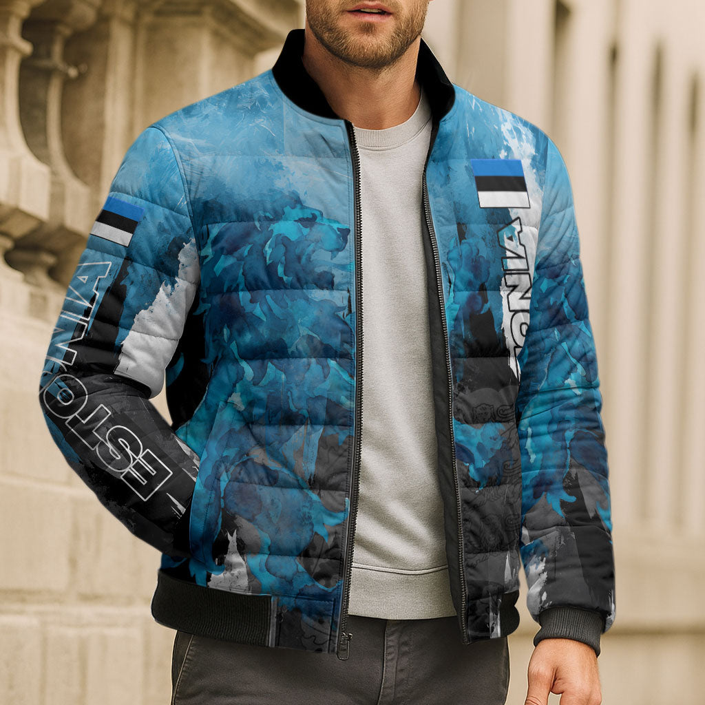 Estonia Elagu Eesti Lions Bomber Puffer Jacket Watercolor Splash Flag Heraldic