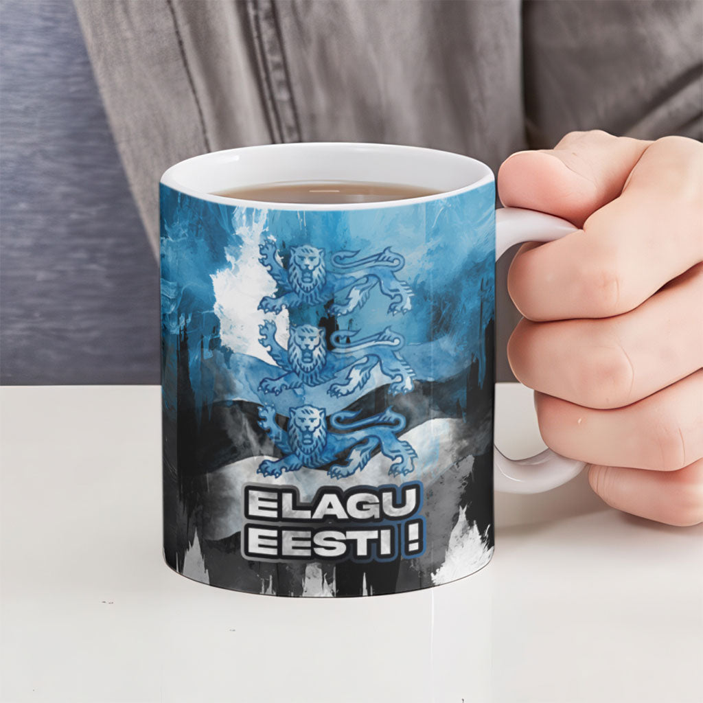 Estonia Elagu Eesti Lions Ceramic Mug Watercolor Splash Flag Heraldic