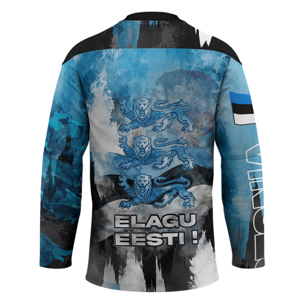 Estonia Elagu Eesti Lions Hockey Jersey Watercolor Splash Flag Heraldic