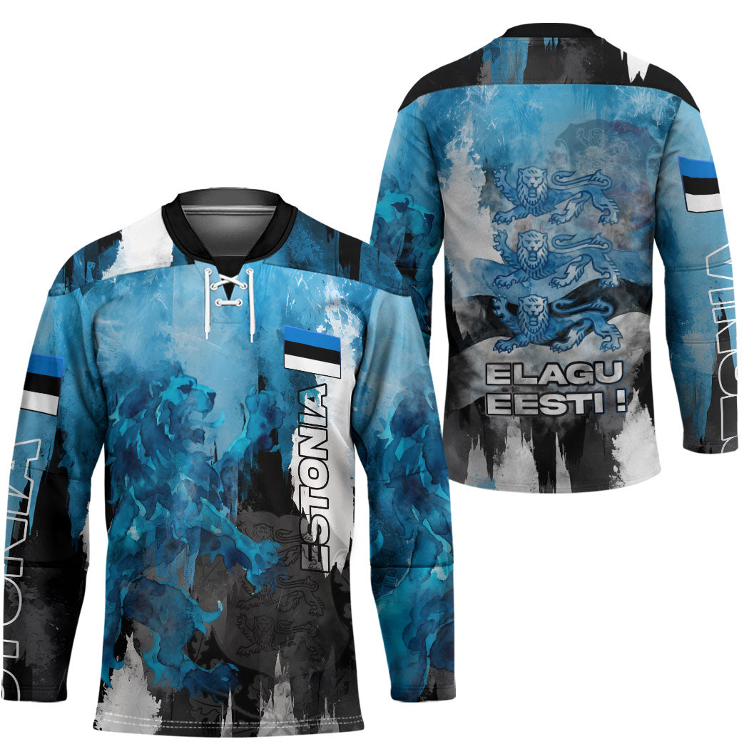 Estonia Elagu Eesti Lions Hockey Jersey Watercolor Splash Flag Heraldic