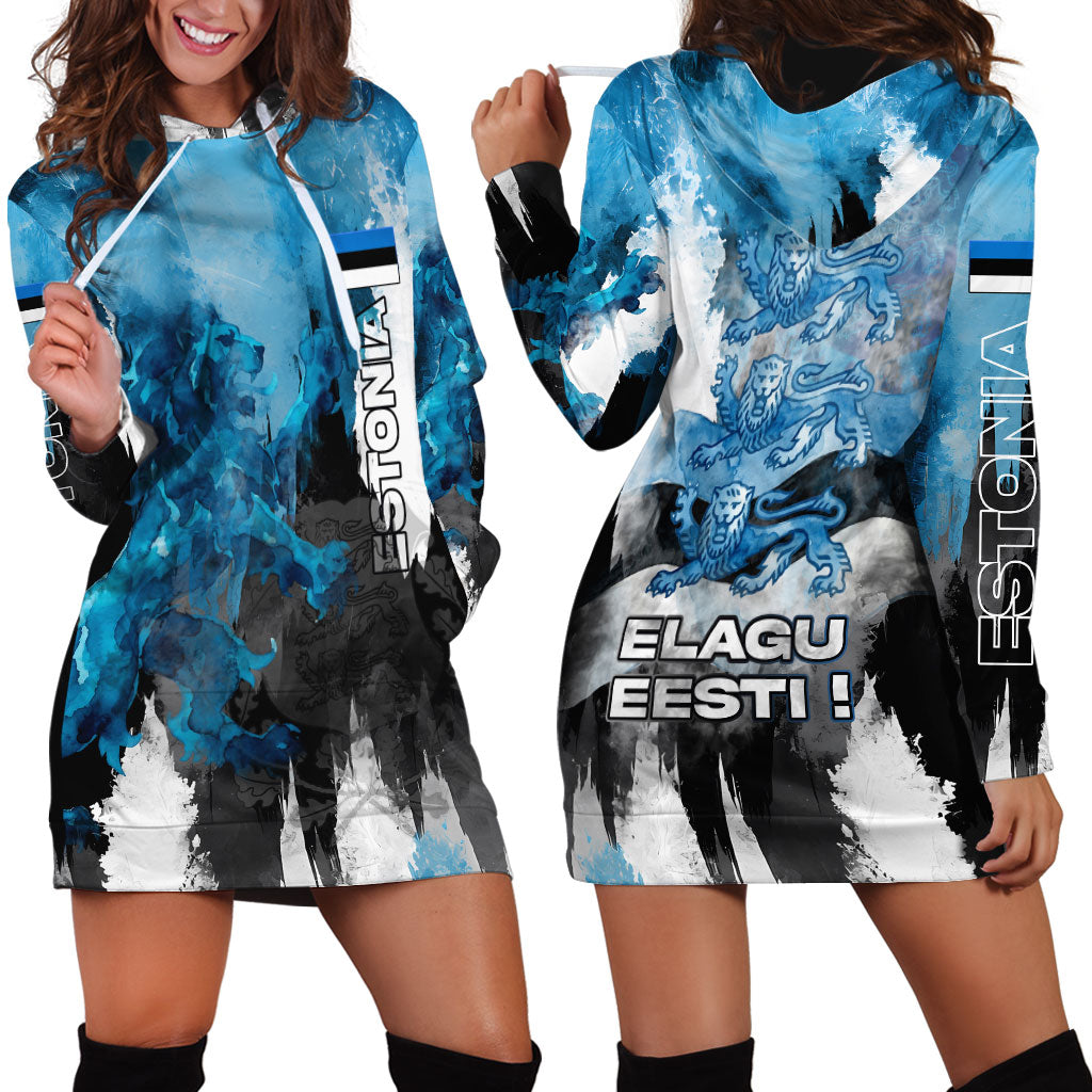 Estonia Elagu Eesti Lions Hoodie Dress Watercolor Splash Flag Heraldic