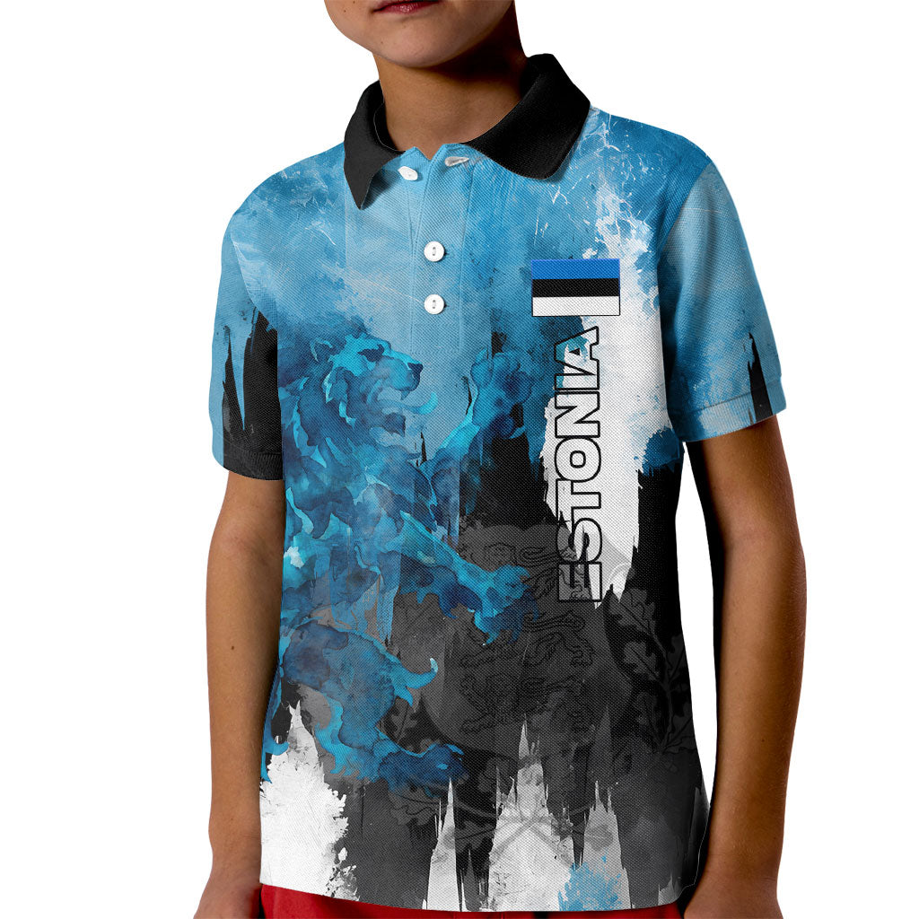 Estonia Elagu Eesti Lions Kid Polo Shirt Watercolor Splash Flag Heraldic