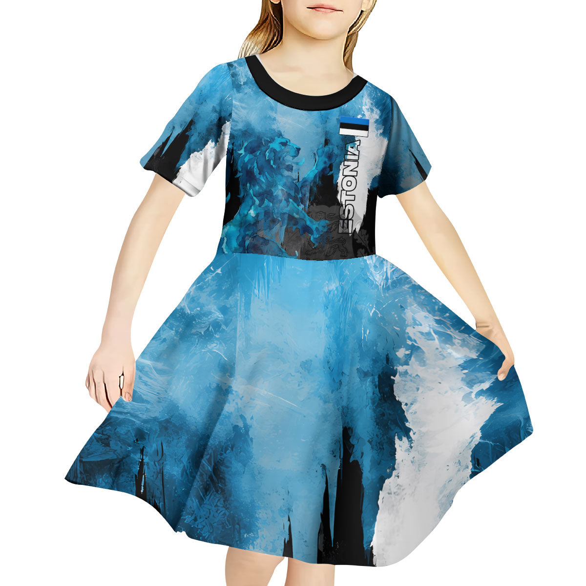 Estonia Elagu Eesti Lions Kid Short Sleeve Dress Watercolor Splash Flag Heraldic