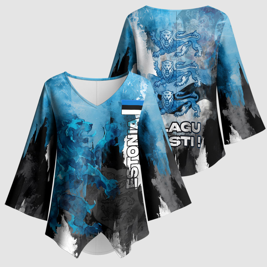 Estonia Elagu Eesti Lions Kimono Sleeve Blouse Watercolor Splash Flag Heraldic