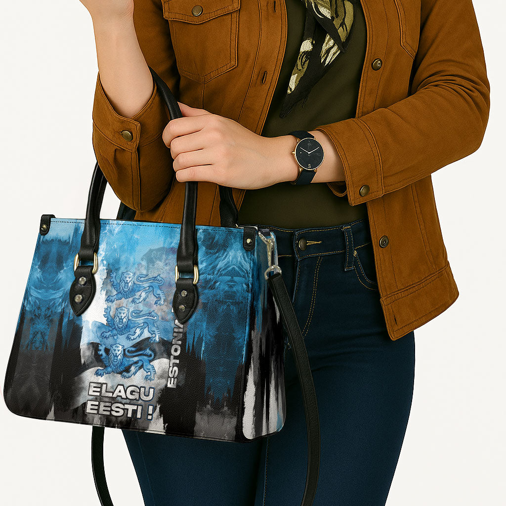 Estonia Elagu Eesti Lions Leather Bag Watercolor Splash Flag Heraldic