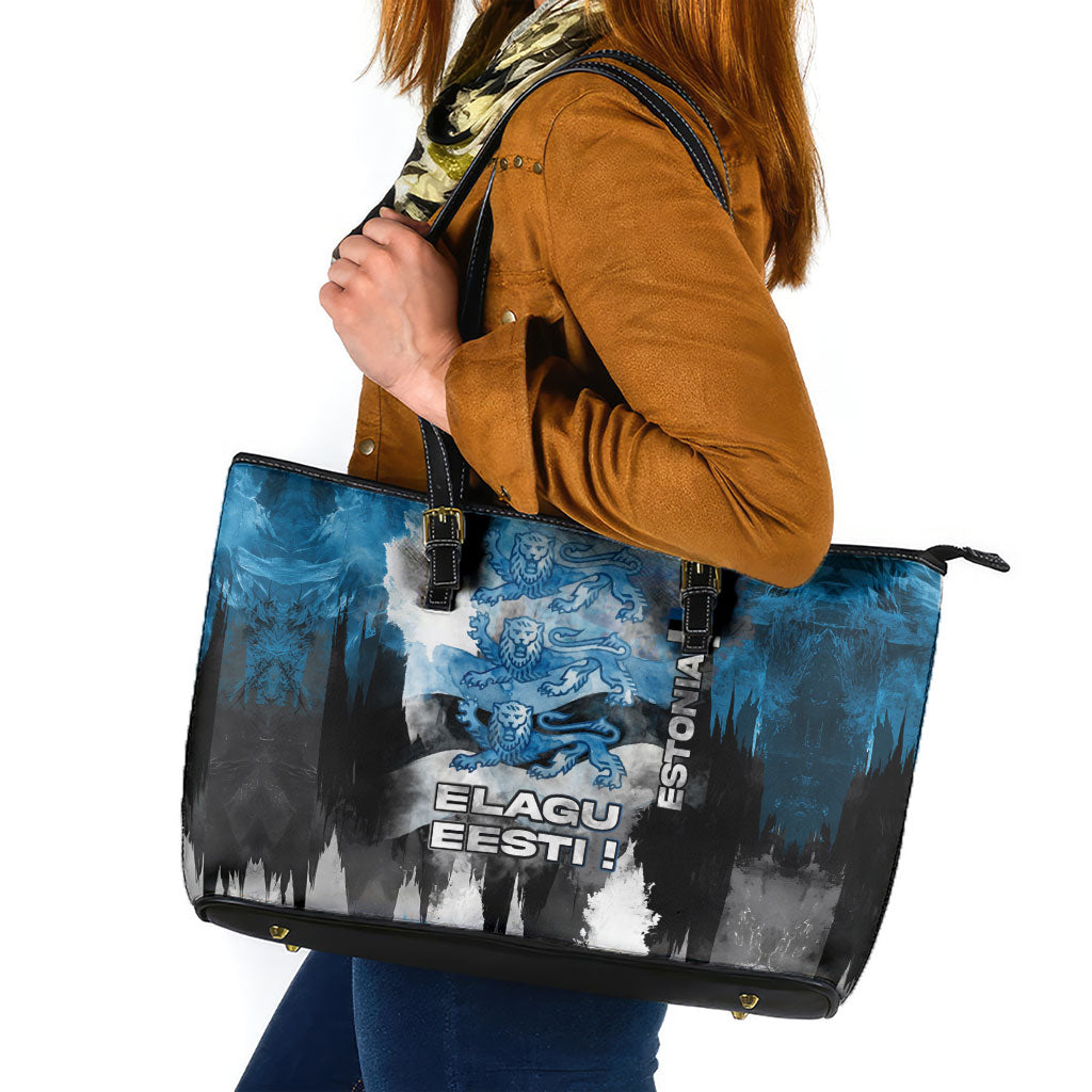 Estonia Elagu Eesti Lions Leather Tote Bag Watercolor Splash Flag Heraldic