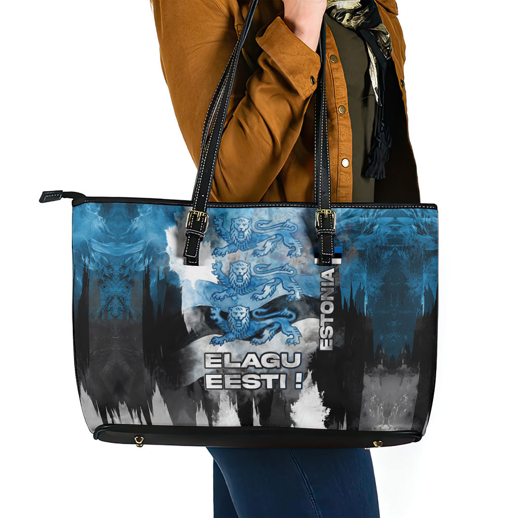 Estonia Elagu Eesti Lions Leather Tote Bag Watercolor Splash Flag Heraldic