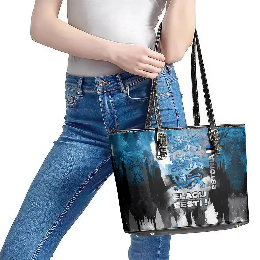 Estonia Elagu Eesti Lions Leather Tote Bag Watercolor Splash Flag Heraldic
