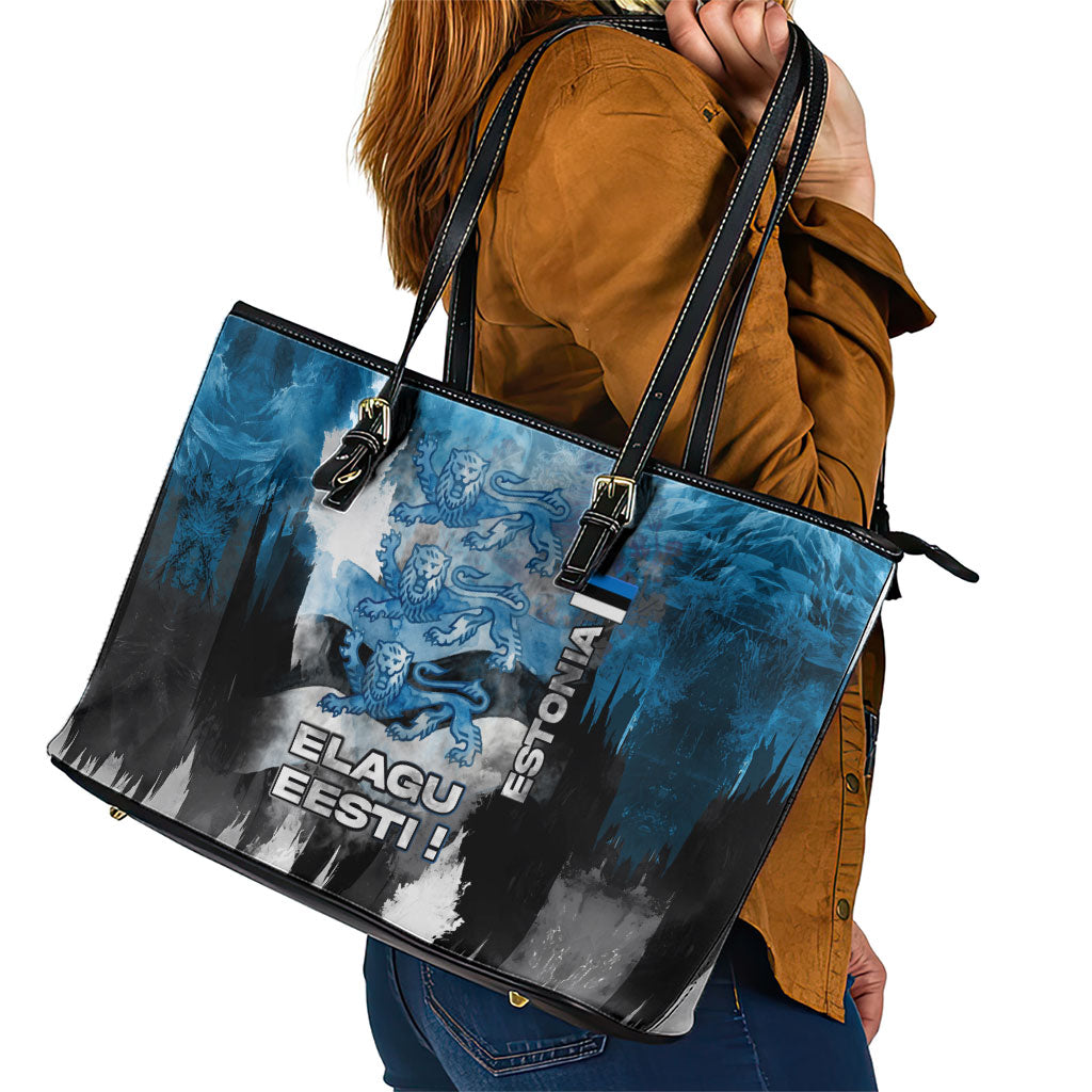 Estonia Elagu Eesti Lions Leather Tote Bag Watercolor Splash Flag Heraldic