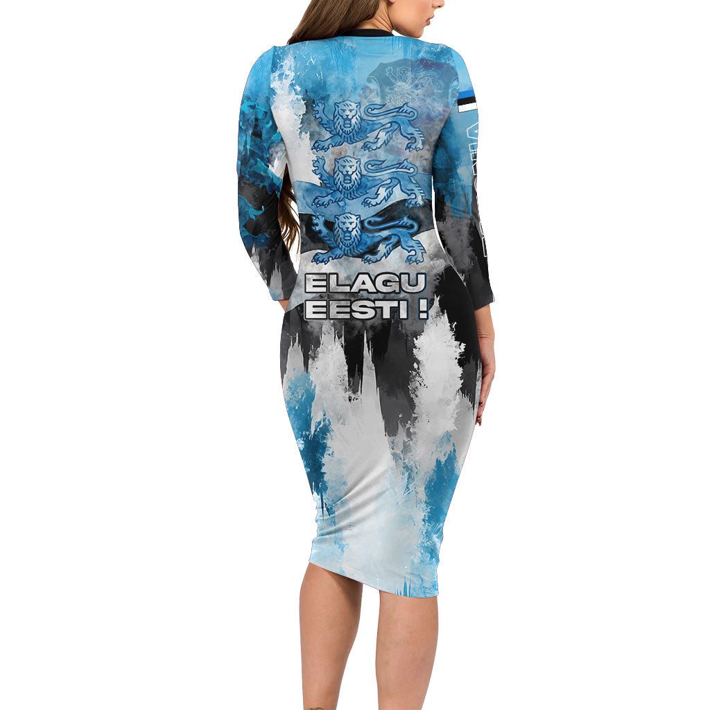 Estonia Elagu Eesti Lions Long Sleeve Bodycon Dress Watercolor Splash Flag Heraldic