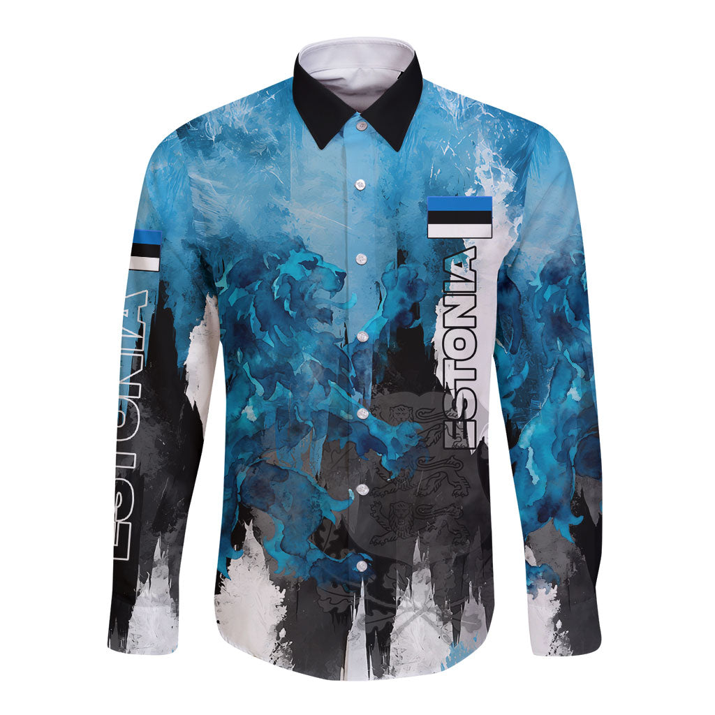 Estonia Elagu Eesti Lions Long Sleeve Button Shirt Watercolor Splash Flag Heraldic