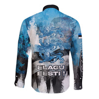 Estonia Elagu Eesti Lions Long Sleeve Button Shirt Watercolor Splash Flag Heraldic