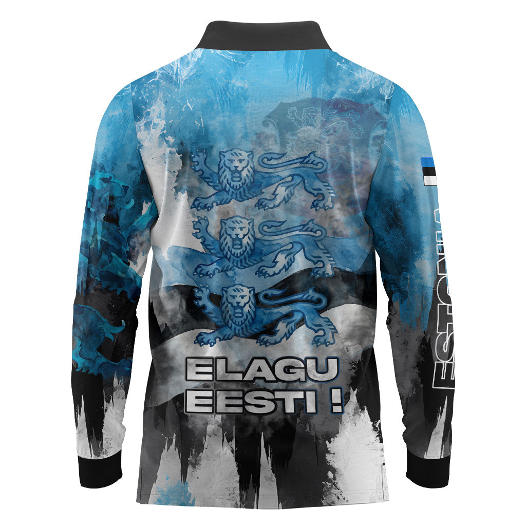 Estonia Elagu Eesti Lions Long Sleeve Polo Shirt Watercolor Splash Flag Heraldic