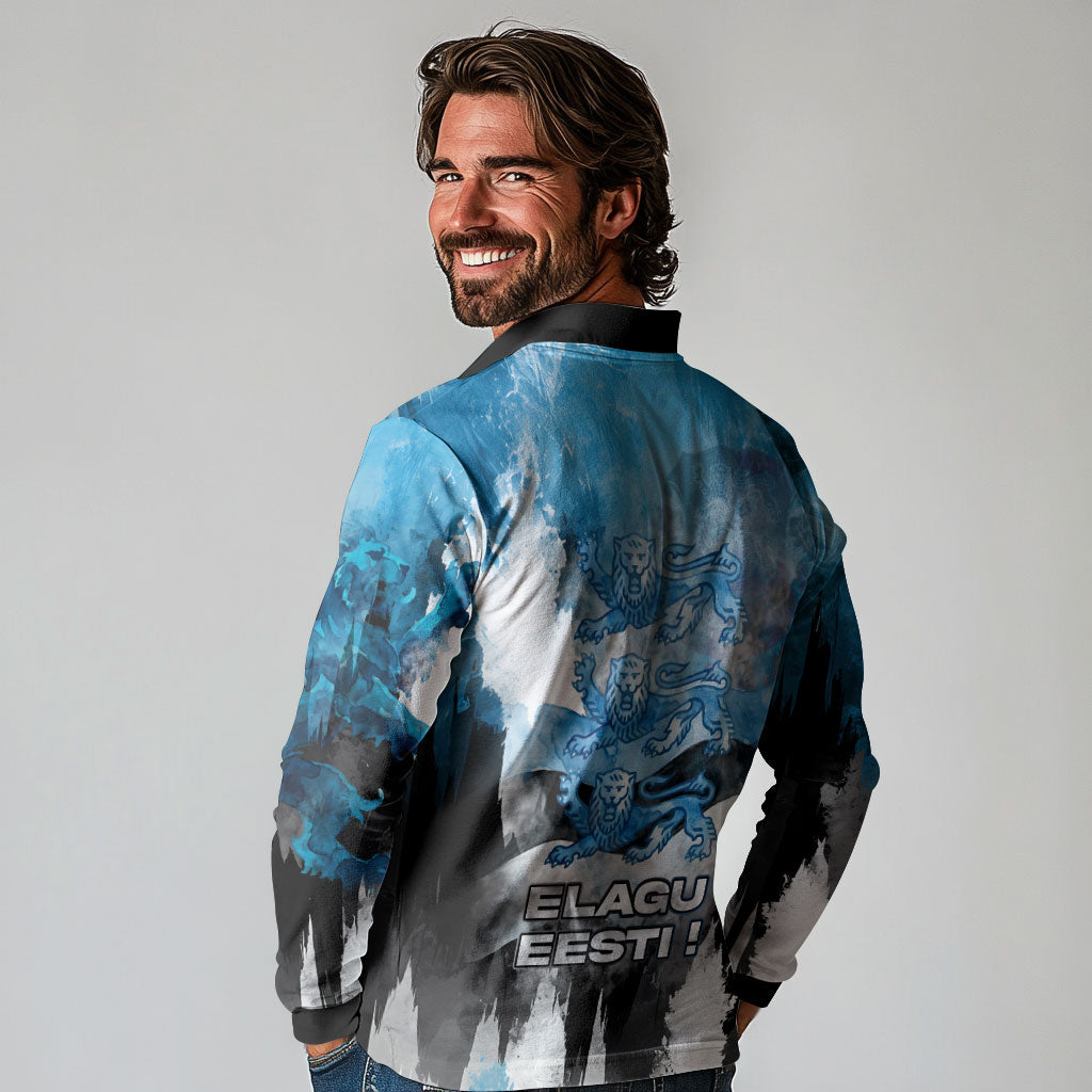 Estonia Elagu Eesti Lions Long Sleeve Polo Shirt Watercolor Splash Flag Heraldic