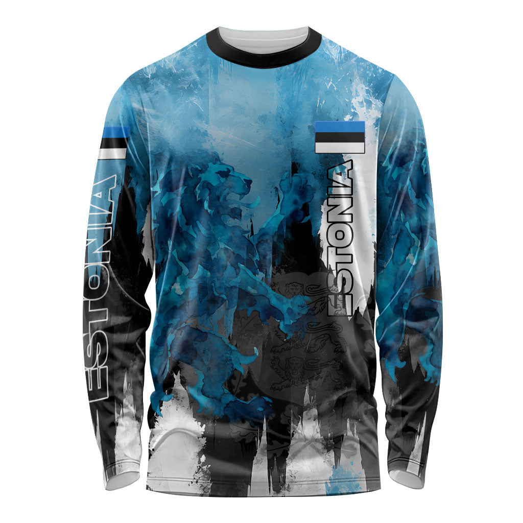 Estonia Elagu Eesti Lions Long Sleeve Shirt Watercolor Splash Flag Heraldic