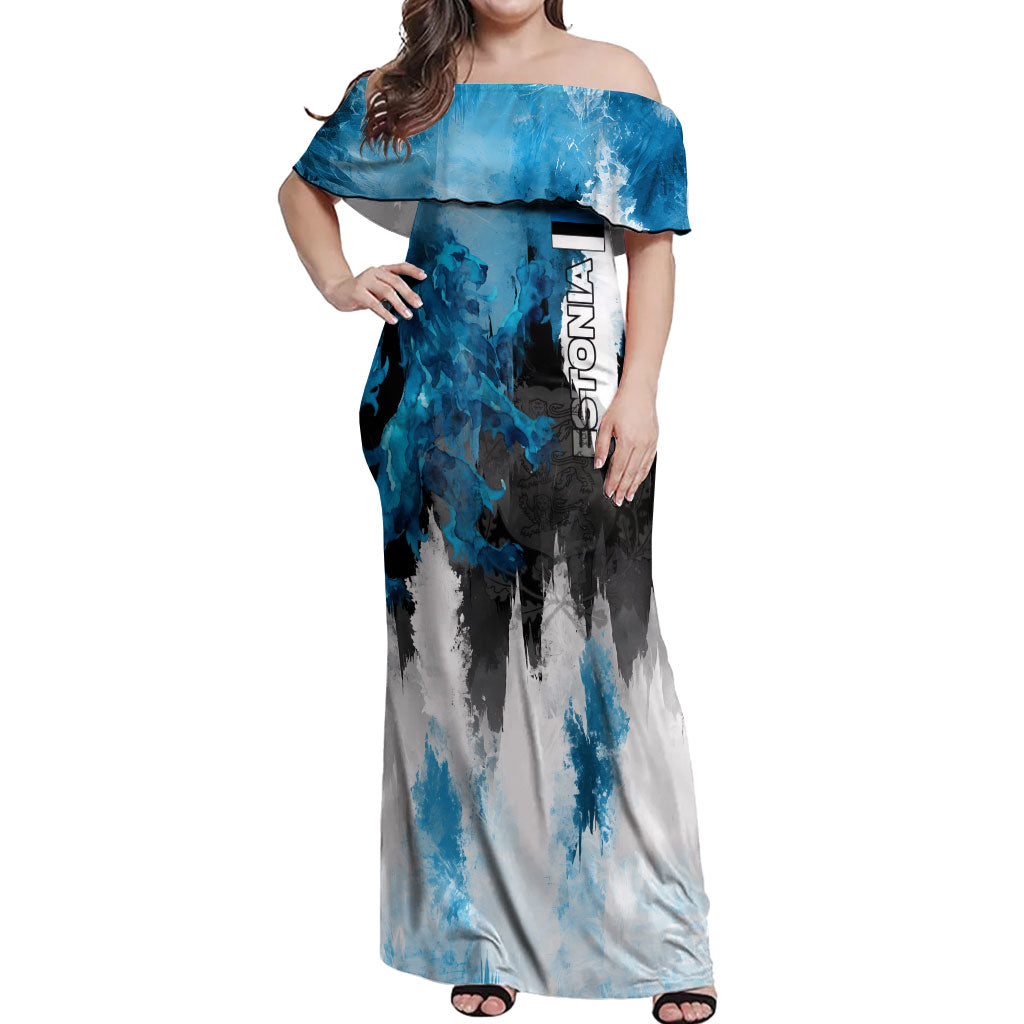 Estonia Elagu Eesti Lions Off Shoulder Maxi Dress Watercolor Splash Flag Heraldic