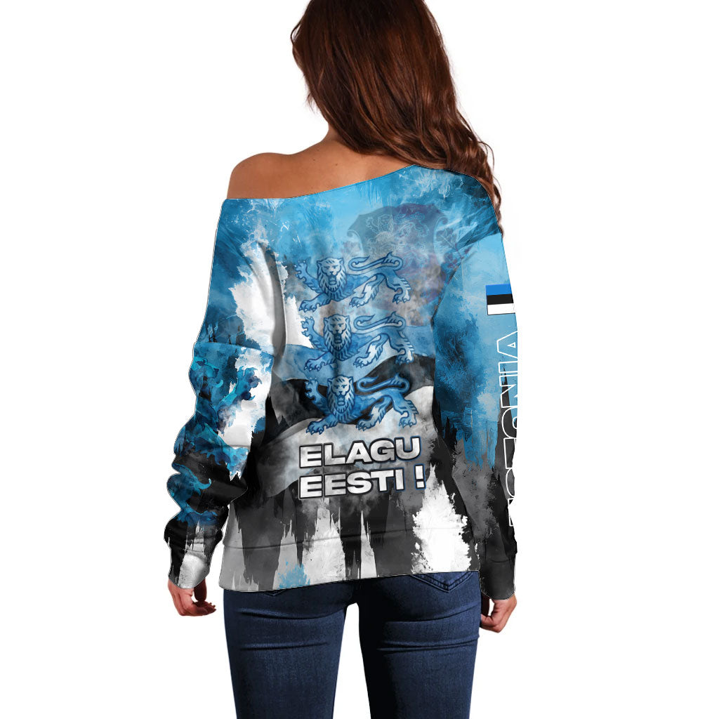 Estonia Elagu Eesti Lions Off Shoulder Sweater Watercolor Splash Flag Heraldic