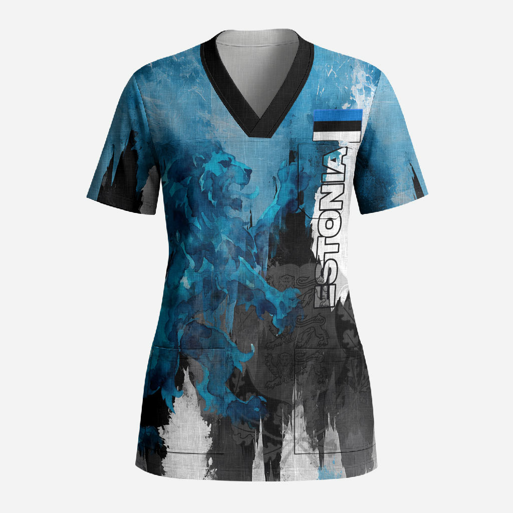 Estonia Elagu Eesti Lions Scrub Top Watercolor Splash Flag Heraldic