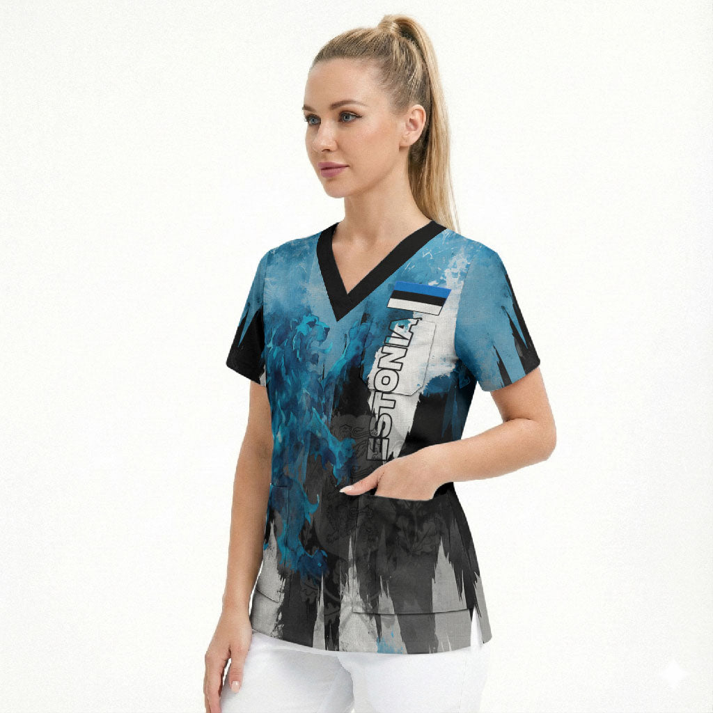 Estonia Elagu Eesti Lions Scrub Top Watercolor Splash Flag Heraldic