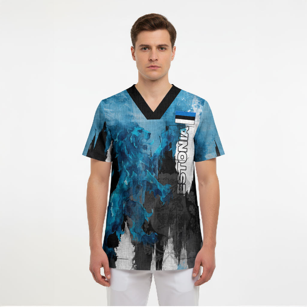 Estonia Elagu Eesti Lions Scrub Top Watercolor Splash Flag Heraldic