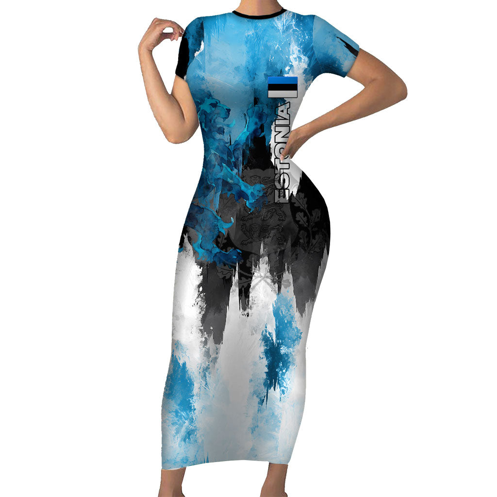 Estonia Elagu Eesti Lions Short Sleeve Bodycon Dress Watercolor Splash Flag Heraldic