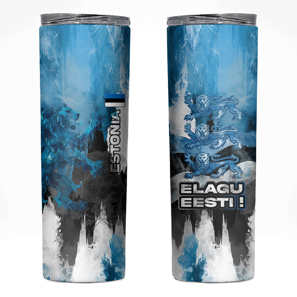 Estonia Elagu Eesti Lions Skinny Tumbler Watercolor Splash Flag Heraldic
