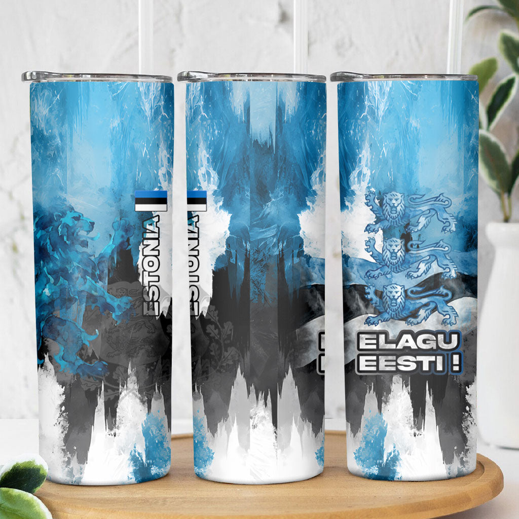 Estonia Elagu Eesti Lions Skinny Tumbler Watercolor Splash Flag Heraldic