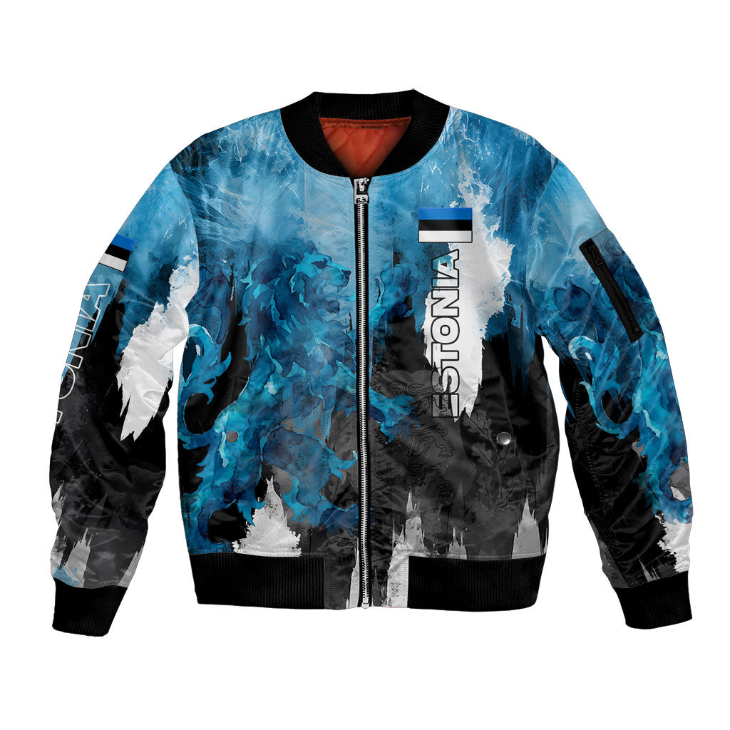 Estonia Elagu Eesti Lions Sleeve Zip Bomber Jacket Watercolor Splash Flag Heraldic
