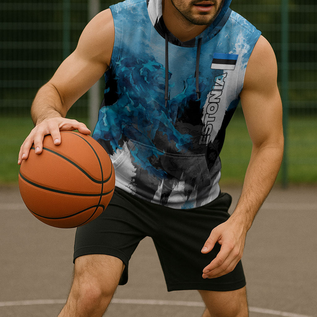 Estonia Elagu Eesti Lions Sleeveless Hoodie Watercolor Splash Flag Heraldic